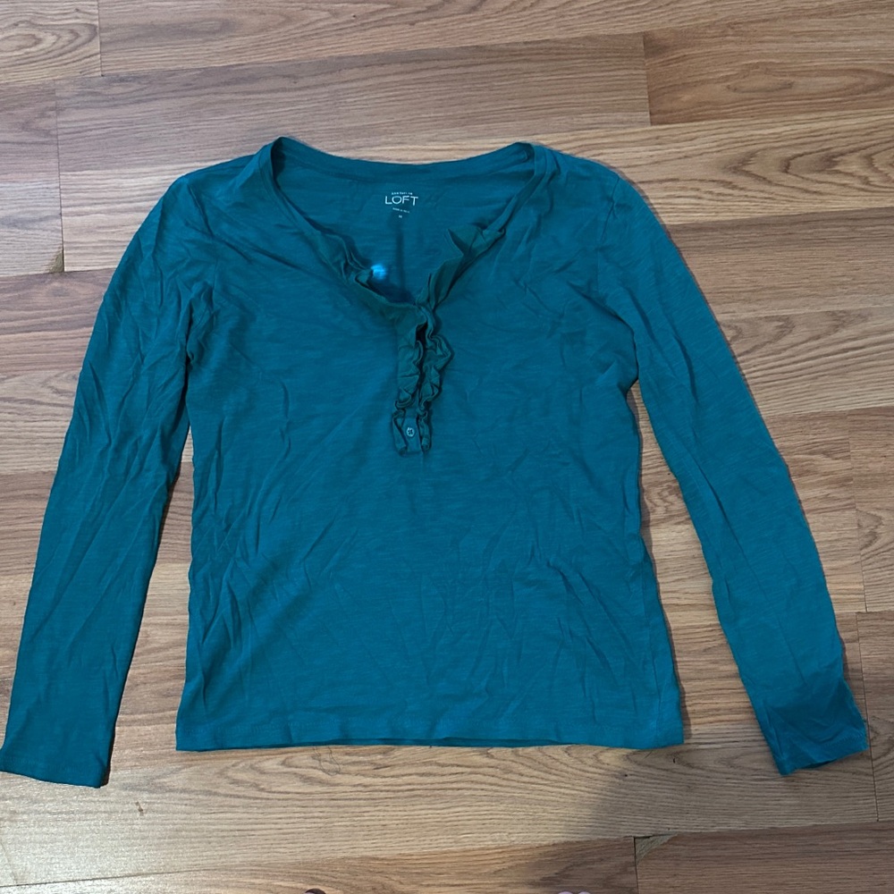 LOFT Teal Ruffle V-Neck Blouse